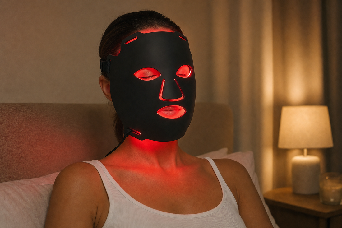 Frau mit LED-Lichttherapie-Maske im Bett, rotes Licht auf Gesicht und Hals