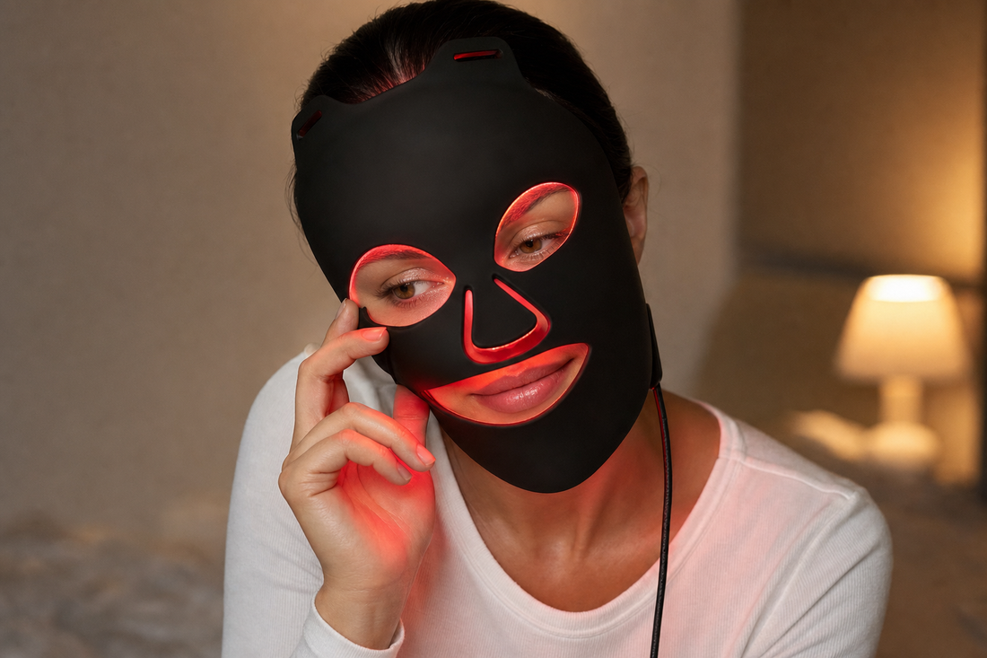 Frau hebt den Rand ihrer leuchtenden LED-Maske an und schaut daran vorbei